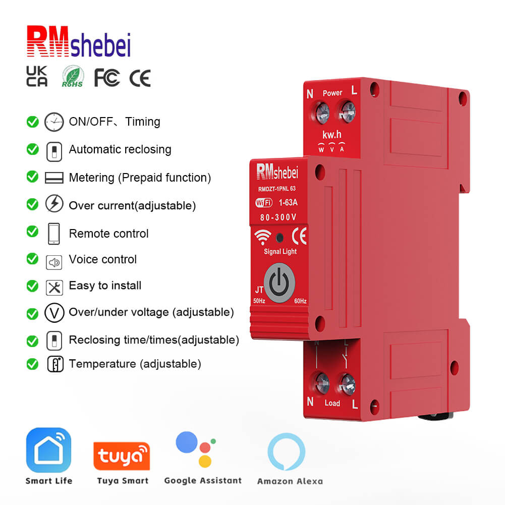 RMshebei Smart Life TUYA WIFI MCB 1P+N Circuit Breakers 63A Adjustable voltage/Over current Prepaid Meter Smart Din Rail