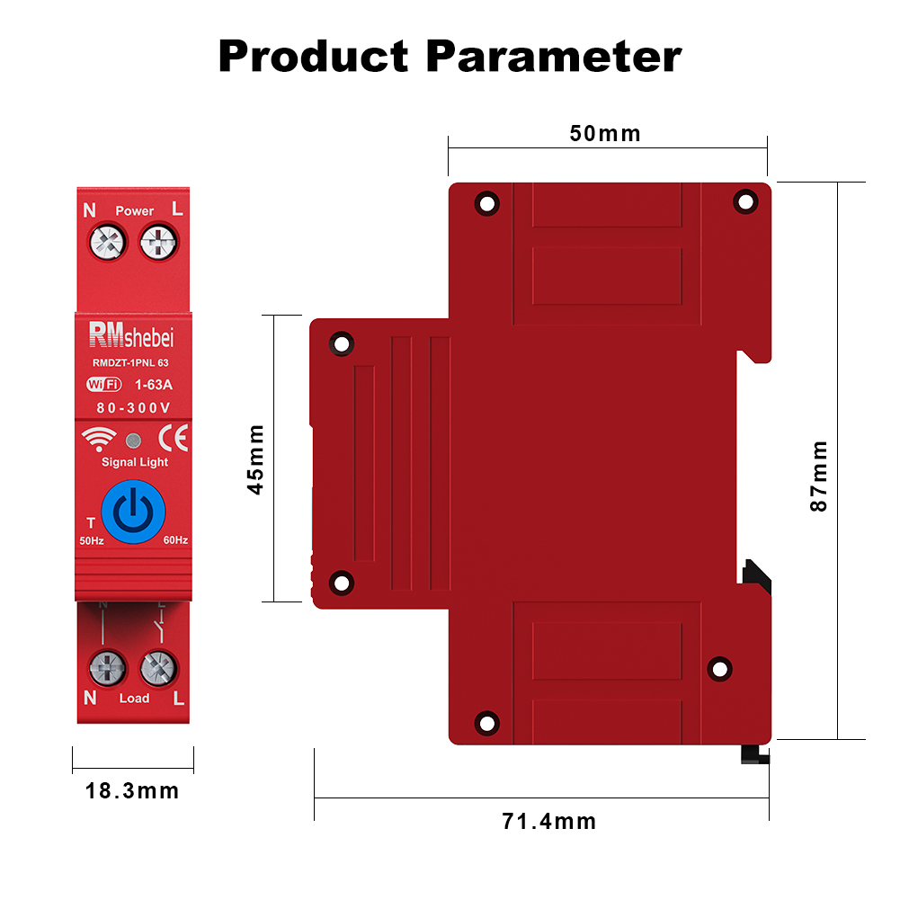 RMshebei 63A Tuya Single Phase WIFI/Zigbee Smart Circuit Breaker Switch DIN Rail for Smart Home Remote Control Switch by APP