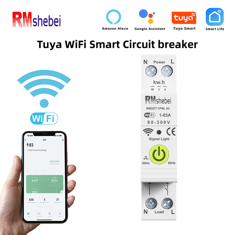 RMshebei 1P+N 63A Smart Switch WIFI Circuit Breaker Timer Voltage Protector Kwh Current Leakage Protection Tuya Energy Meter