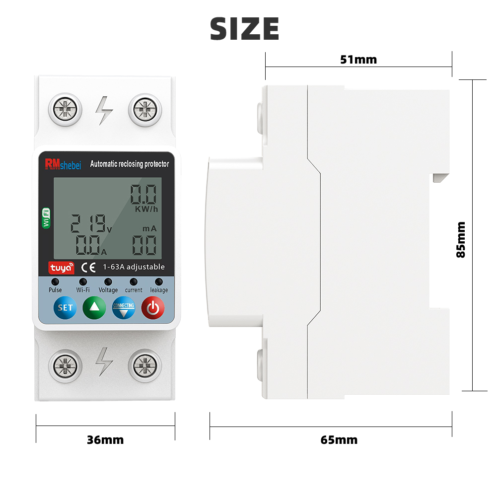 RMshebei Tuya APP Smart Metering Motor Protection Circuit Breaker (Single-phase 110V/220V, Dual Relays, Blue Screen)
