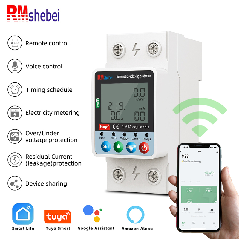 RMshebei Tuya APP Smart Metering Motor Protection Circuit Breaker (Single-phase 110V/220V, Dual Relays, Blue Screen)