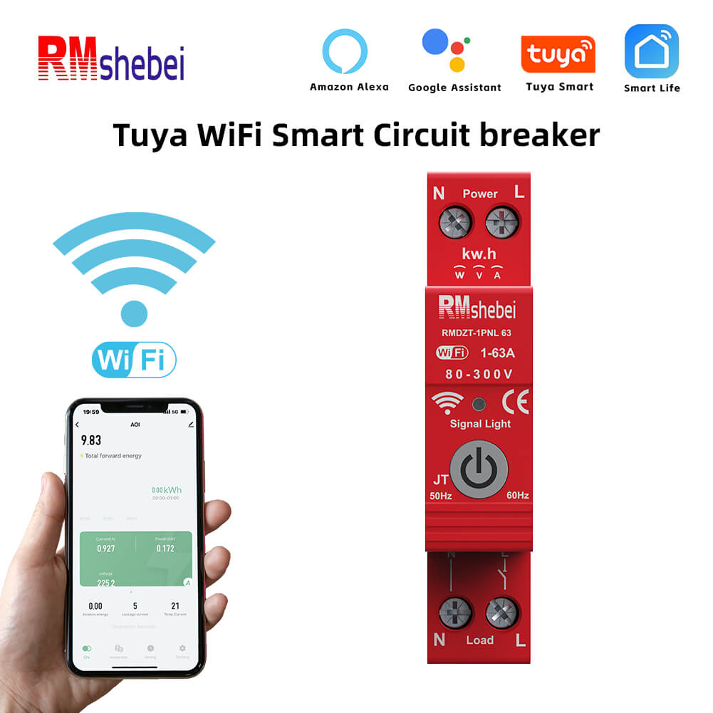 RMshebei Smart Life TUYA WIFI MCB 1P+N Circuit Breakers 63A Adjustable voltage/Over current Prepaid Meter Smart Din Rail