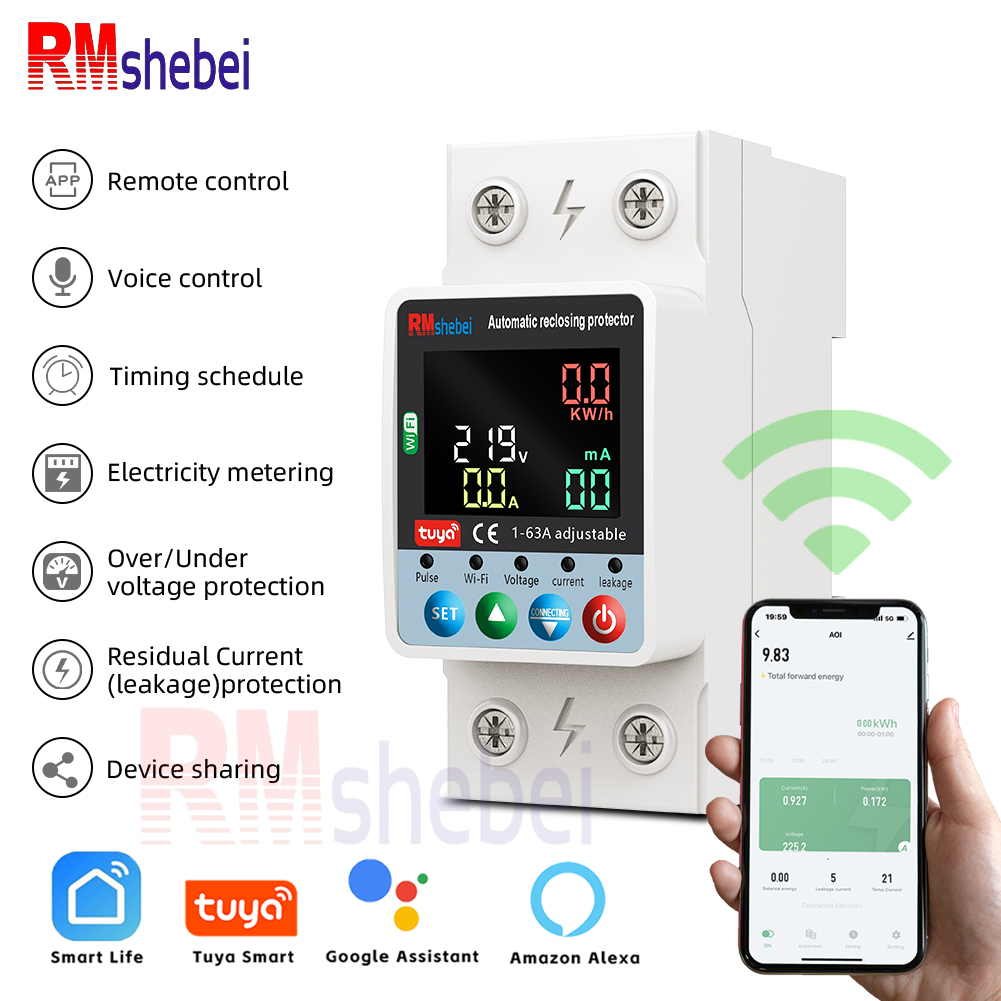 RMshebei Tuya APP + WiFi Color Screen Smart Metering Circuit Breaker (Single-phase 110V/220V, Dual Relays)