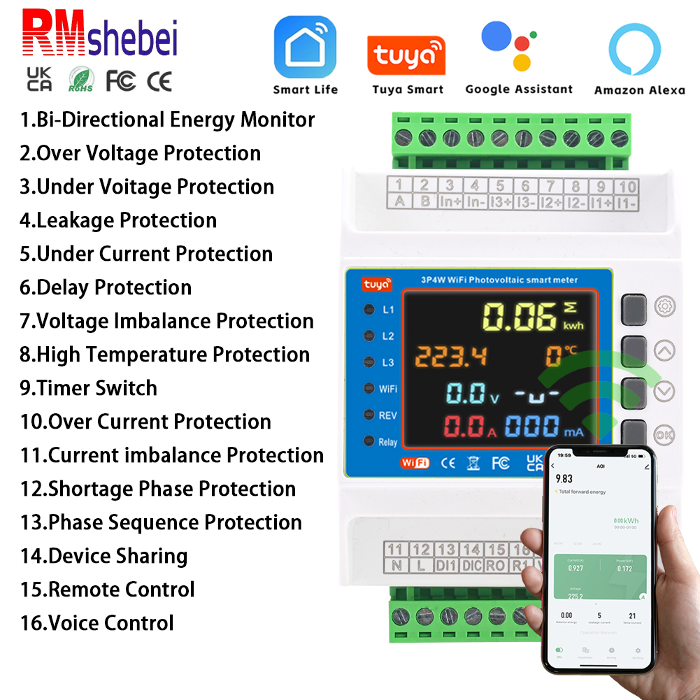 RMshebei 3P 4-wire mutual inductor type Tuya WiFi electric meter 100-1000A & three-phase TiFi non-demolition line matching transformer