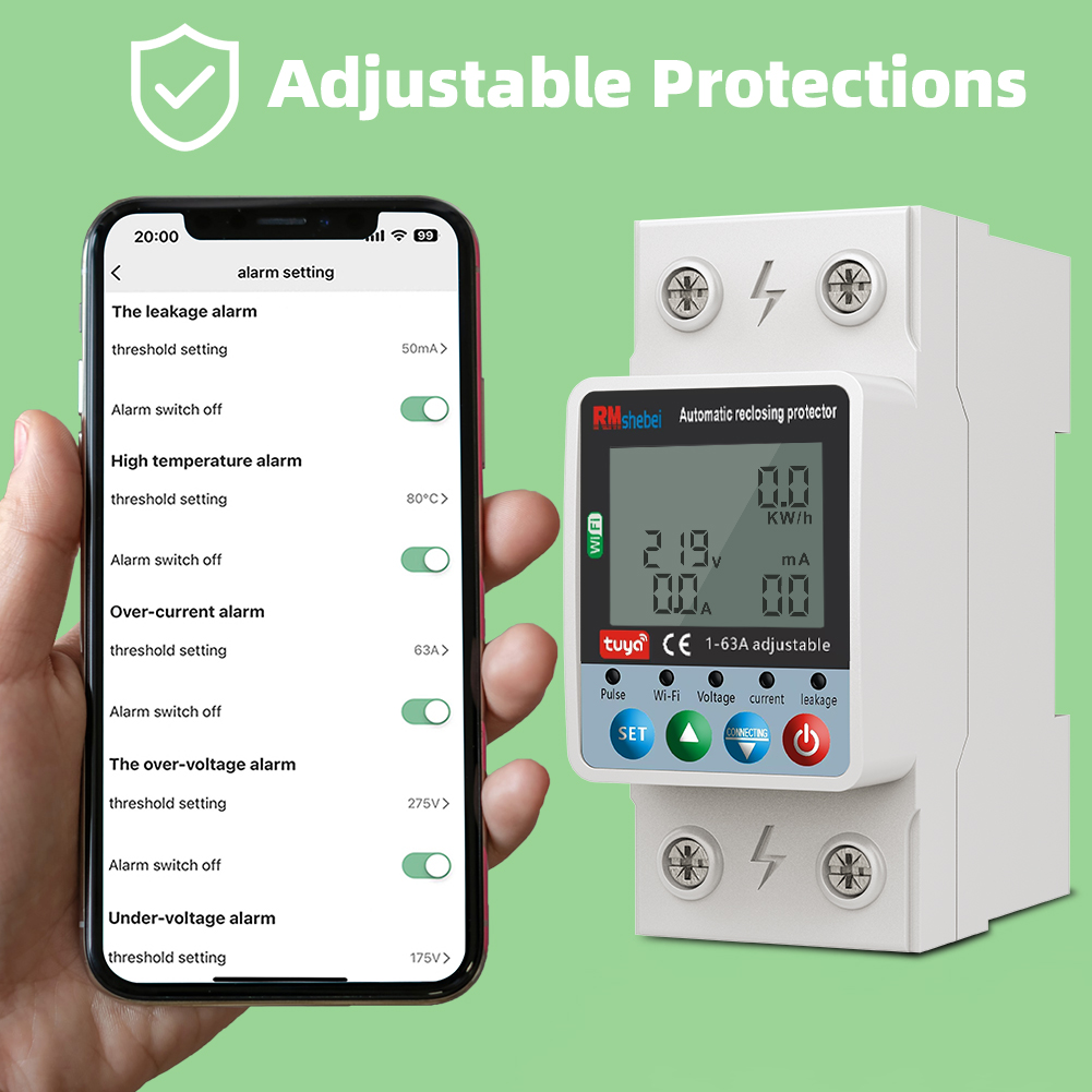 RMshebei Tuya APP Smart Metering Motor Protection Circuit Breaker (Single-phase 110V/220V, Dual Relays, Blue Screen)