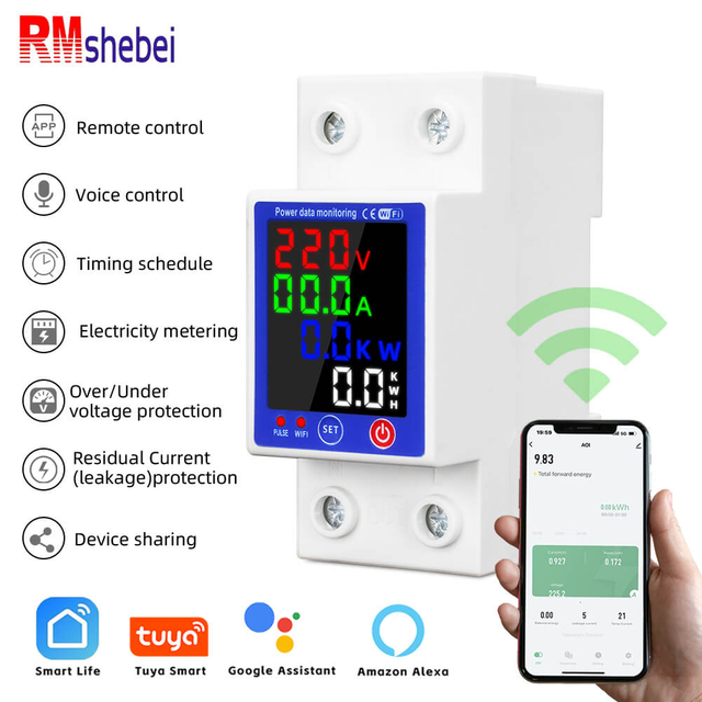 RMshebei Wifi Circuit Breaker Tuya Smart Prepaid Energy Meter with Leakage Protection 63A All Can be Queried Every Hour by APP