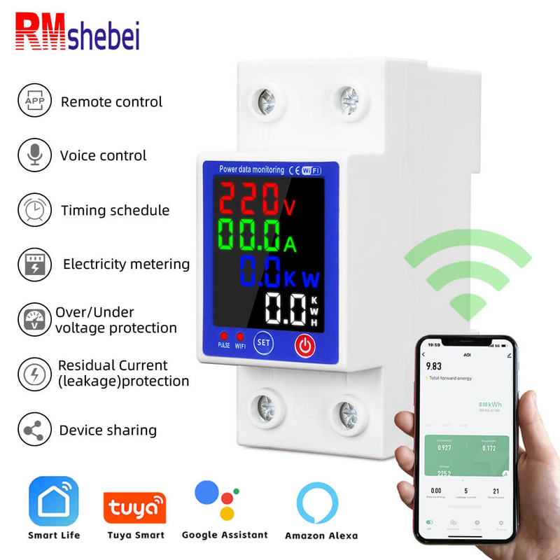 RMshebei Wifi Circuit Breaker Tuya Smart Prepaid Energy Meter with Leakage Protection 63A All Can be Queried Every Hour by APP