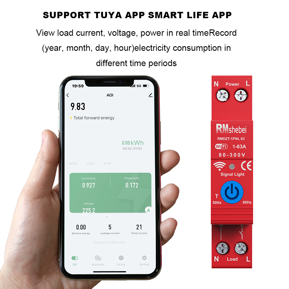 RMshebei 63A Tuya Single Phase WIFI/Zigbee Smart Circuit Breaker Switch DIN Rail for Smart Home Remote Control Switch by APP