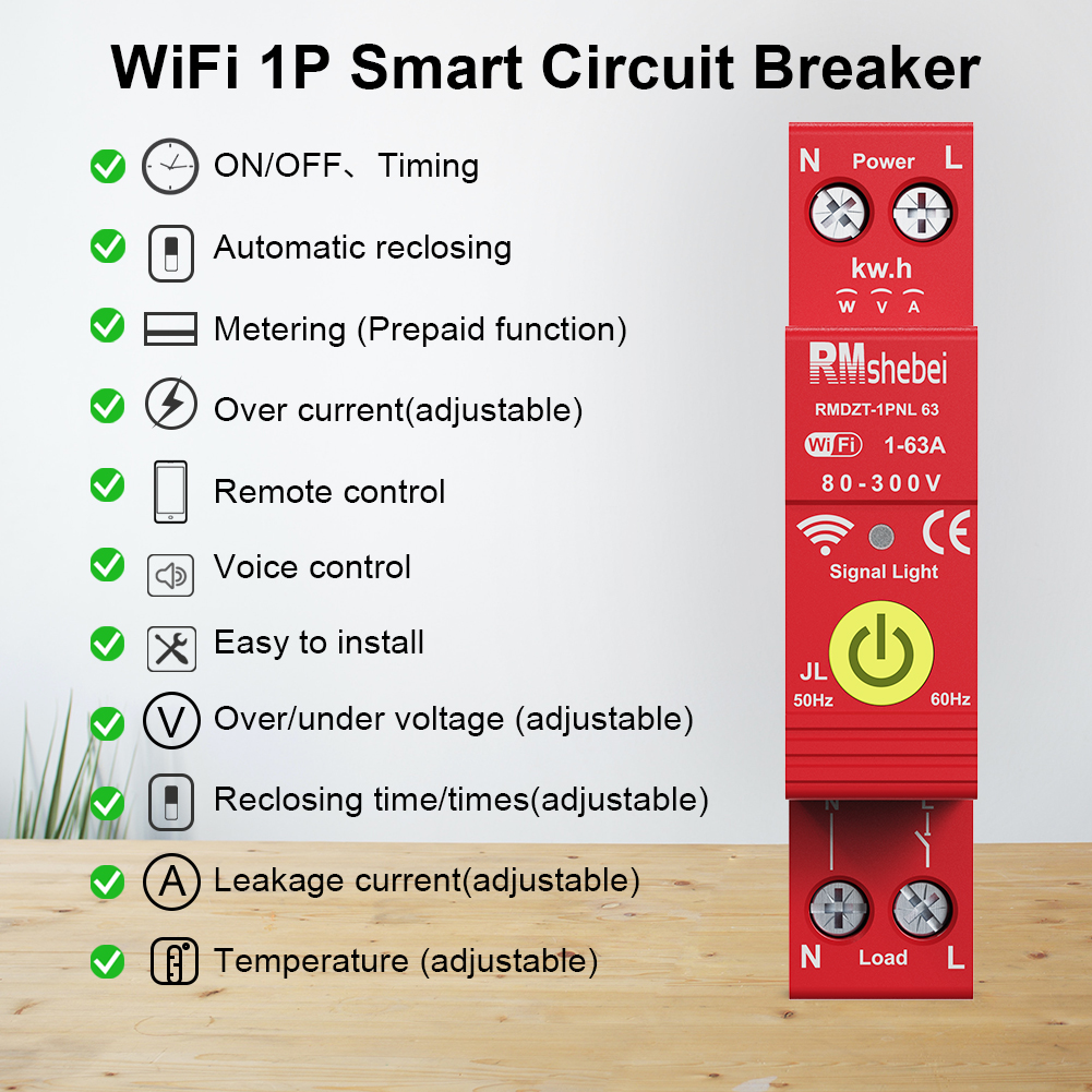 RMshebei Smart Life Mini WIFI MCB 1P 63A 110V 220V 6ka Breaker Wifi Smart Mcb for Smart Home Current Leakage Protection Tuya Energy Meter