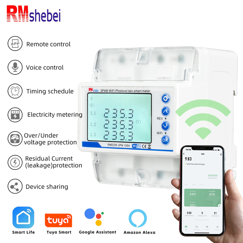 RMshebei 3 Phase 4 Wire TUYA WIFI Smart Energy Meter Circuit Breaker Phase Failure Protection App Remote Control Mobile Phone
