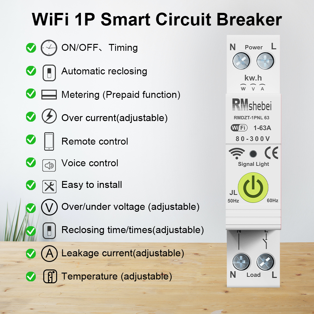RMshebei 1P+N 63A Smart Switch WIFI Circuit Breaker Timer Voltage Protector Kwh Current Leakage Protection Tuya Energy Meter