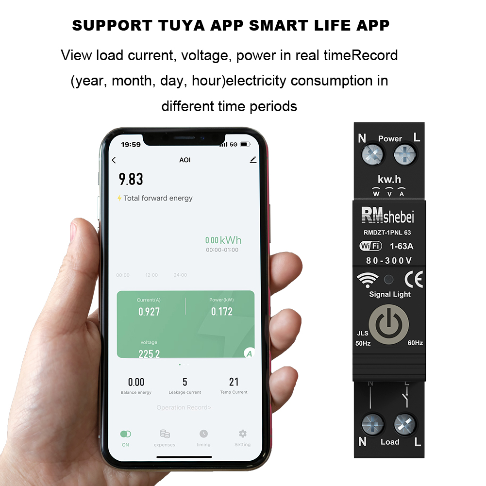 RMshebei Tuya Wifi Smart Circuit Breaker 63a Reclosing Remote Control Wireless Mcb with Leakage protection with Over Voltage