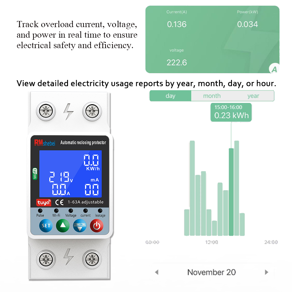RMshebei Tuya WiFi LCD Smart PV Bidirectional Metering Circuit Breaker (Dual Relays, Support for Time-period Current Setting)