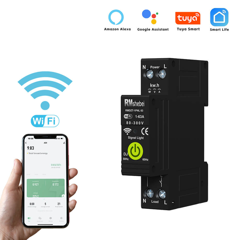 RMshebei 1P 63A 110V Smart Life WIFI Mini Electricity Meter Timer Voltage Current Leakage Protection Remote Control Feature 6ka