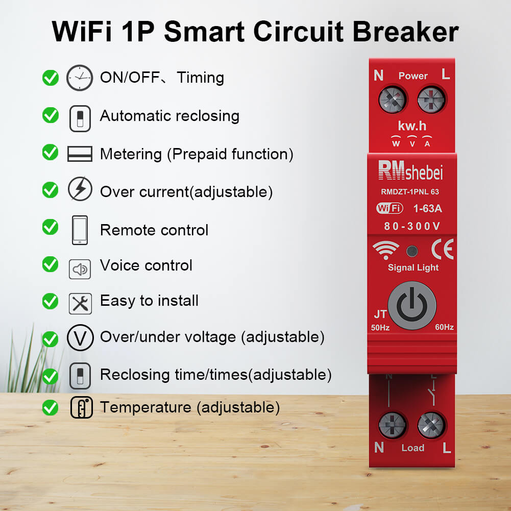 RMshebei Smart Life TUYA WIFI MCB 1P+N Circuit Breakers 63A Adjustable voltage/Over current Prepaid Meter Smart Din Rail