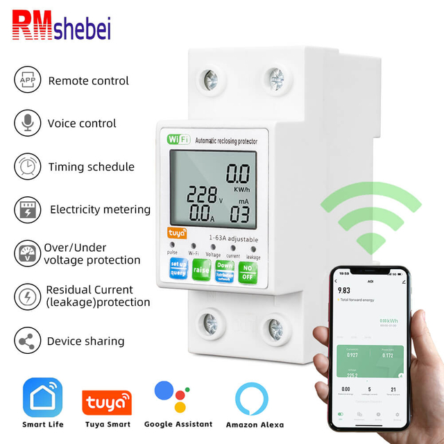 RMshebei 63A 1P+N Wifi MCB Smart Circuit Breaker with Electricity Metering Over load Protection Timer Relay for Smart Home 220v