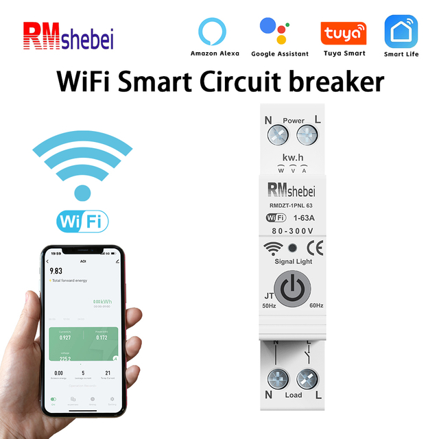 RMshebei 1P+N 63A Smart Switch WIFI Circuit Breaker Timer Voltage Protector Kwh Current Leakage Protection Tuya Energy Meter Over/Under Voltage Overcurrent Protection Timer Energy Monitoring