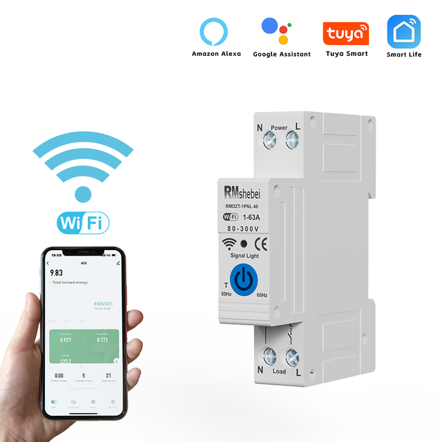 RMshebei WiFi Zigbee Smart Circuit Breaker 1P+N 63A Dual Protocol Auto Switch with Timer/Countdown/Cyclic Scheduling Energy Monitoring App Control (80-300V Global Voltage)