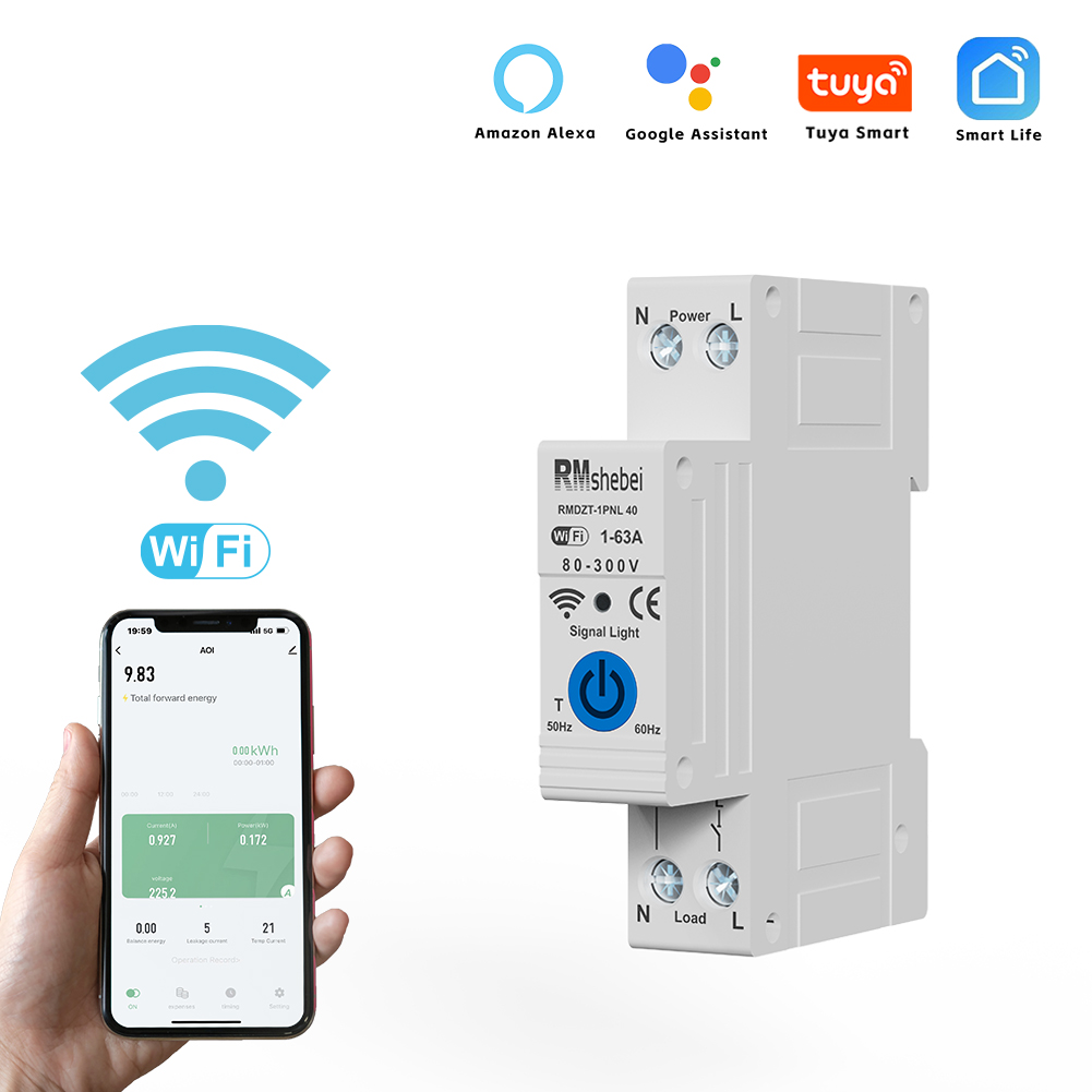 RMshebei WiFi Zigbee Smart Circuit Breaker 1P+N 63A Dual Protocol Auto Switch with Timer/Countdown/Cyclic Scheduling Energy Monitoring App Control (80-300V Global Voltage)