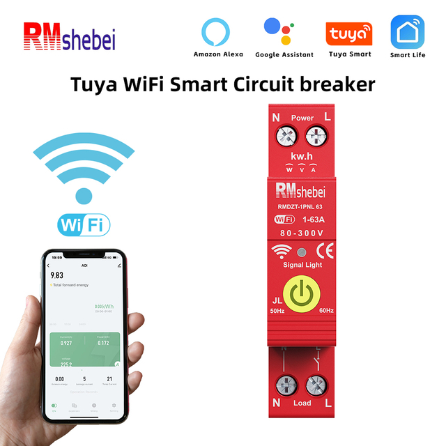 RMshebei Smart Life Mini WIFI MCB 1P 63A 110V 220V 6ka Breaker Wifi Smart Mcb for Smart Home Current Leakage Protection Tuya Energy Meter