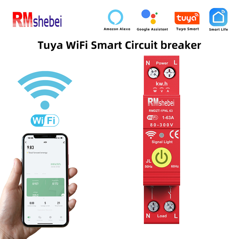 RMshebei Smart Life Mini WIFI MCB 1P 63A 110V 220V 6ka Breaker Wifi Smart Mcb for Smart Home Current Leakage Protection Tuya Energy Meter