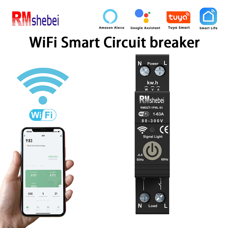 RMshebei Tuya Wifi Smart Circuit Breaker 63a Reclosing Remote Control Wireless Mcb with Leakage protection with Over Voltage