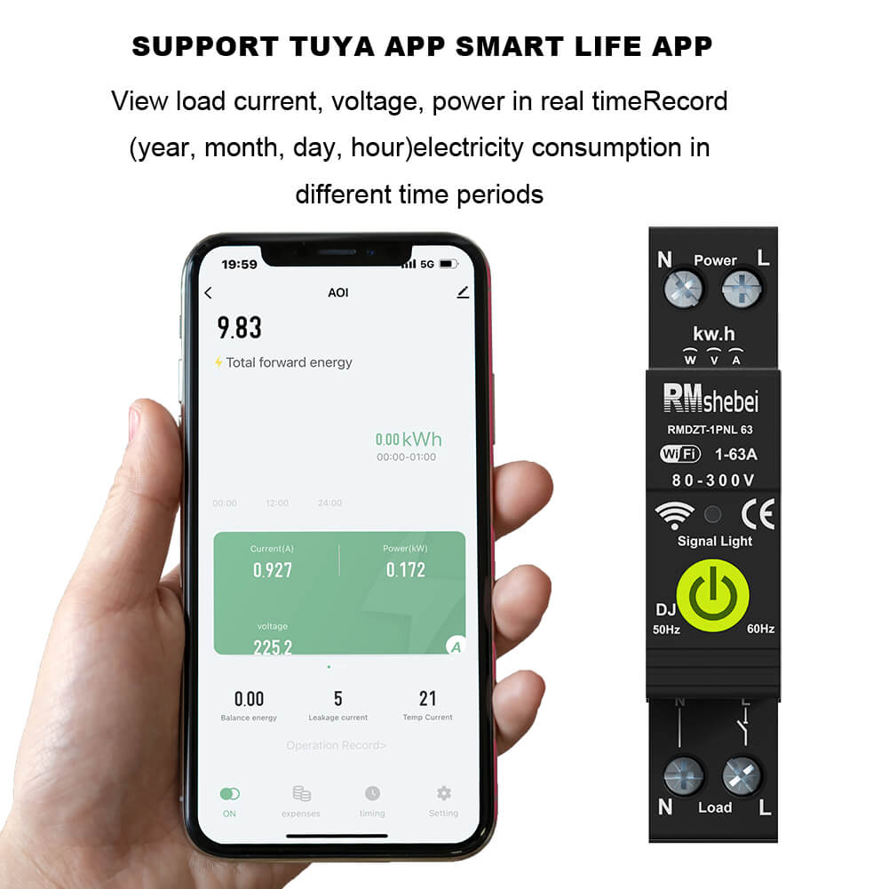 RMshebei 1P 63A 110V Smart Life WIFI Mini Electricity Meter Timer Voltage Current Leakage Protection Remote Control Feature 6ka