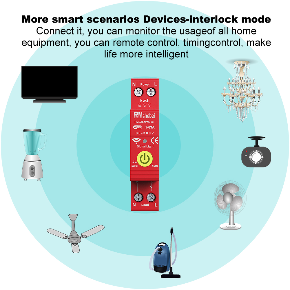 RMshebei Smart Life Mini WIFI MCB 1P 63A 110V 220V 6ka Breaker Wifi Smart Mcb for Smart Home Current Leakage Protection Tuya Energy Meter