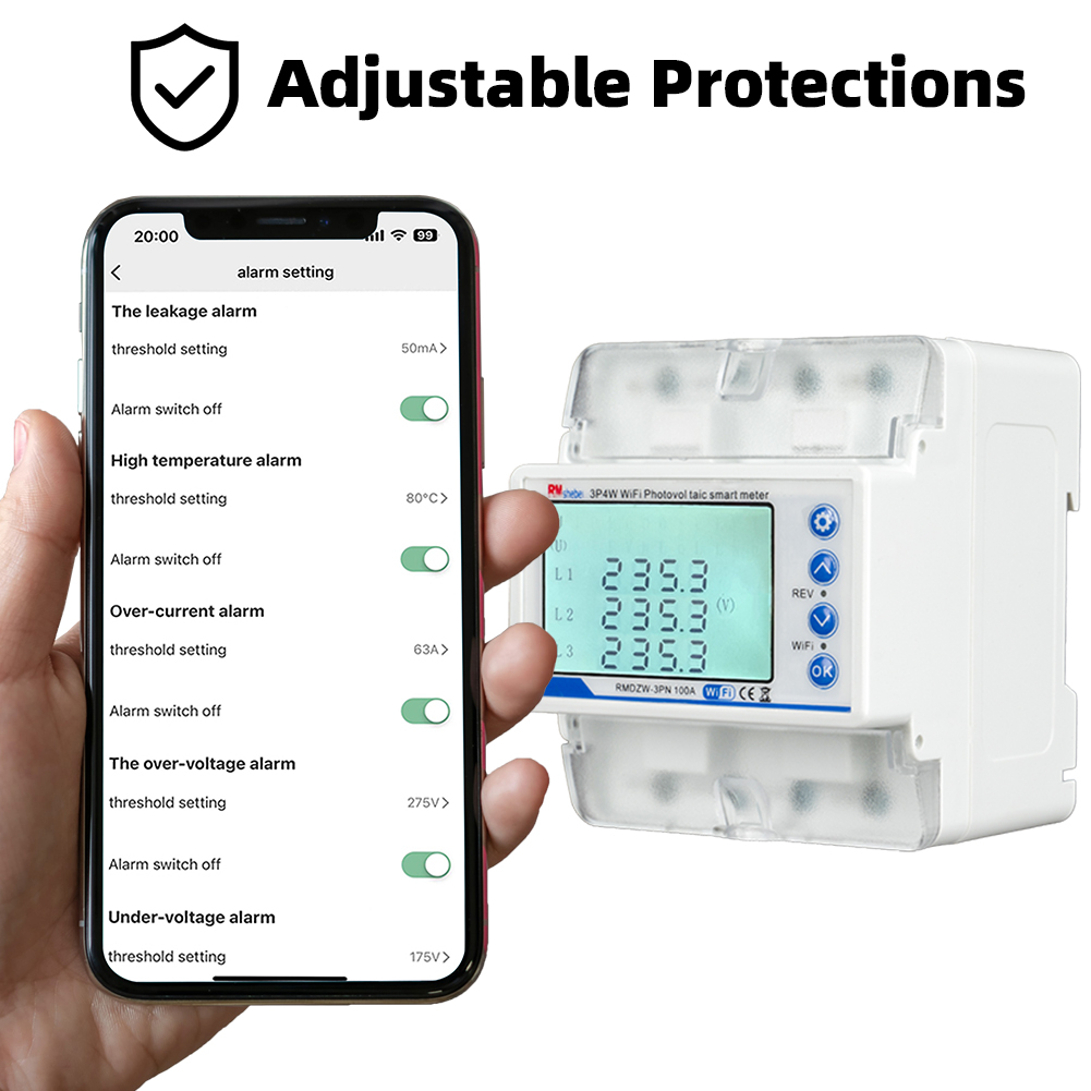 RMshebei 3 Phase 4 Wire TUYA WIFI Smart Energy Meter Circuit Breaker Phase Failure Protection App Remote Control Mobile Phone