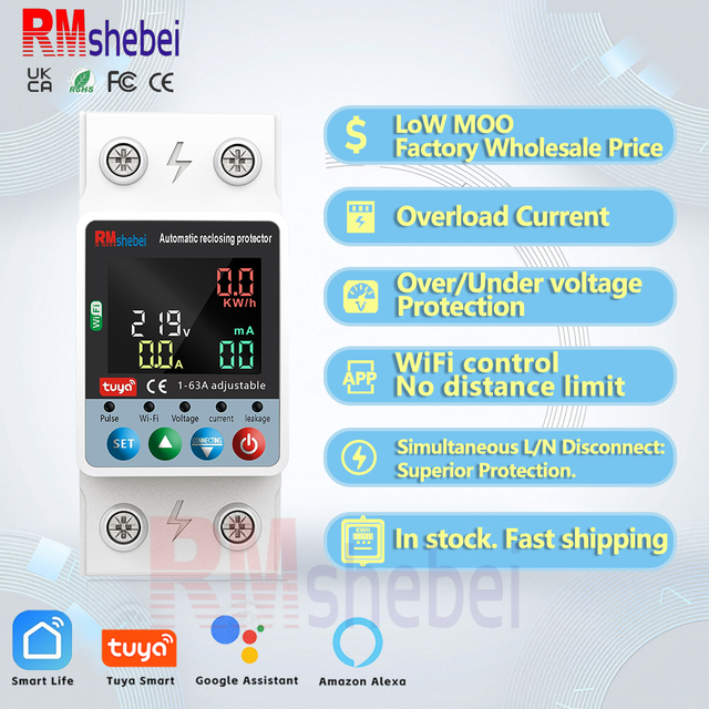 RMshebei Smart Wifi Energy Management System Single Phase Meter Digital Voltage Current Protector Earth Leakage Circuit Breaker