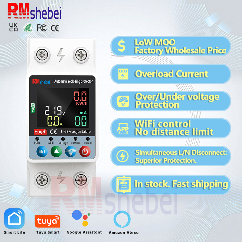RMshebei Smart Wifi Energy Management System Single Phase Meter Digital Voltage Current Protector Earth Leakage Circuit Breaker