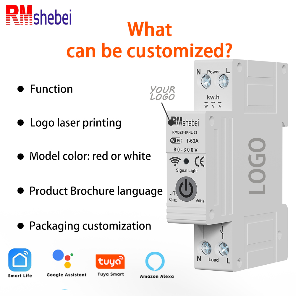 RMshebei 1P+N 63A Smart Switch WIFI Circuit Breaker Timer Voltage Protector Kwh Current Leakage Protection Tuya Energy Meter Over/Under Voltage Overcurrent Protection Timer Energy Monitoring